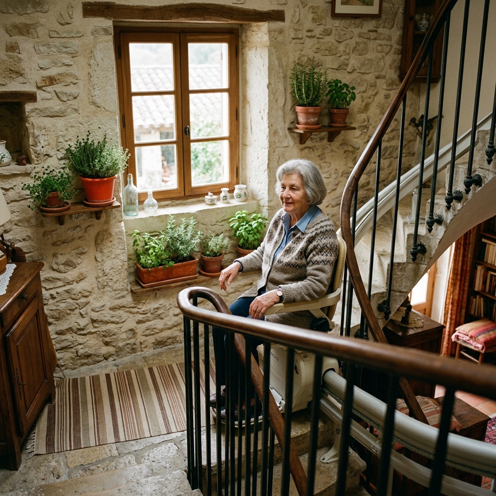 Senior utilisant un monte-escalier moderne dans une maison cévenole en pierre